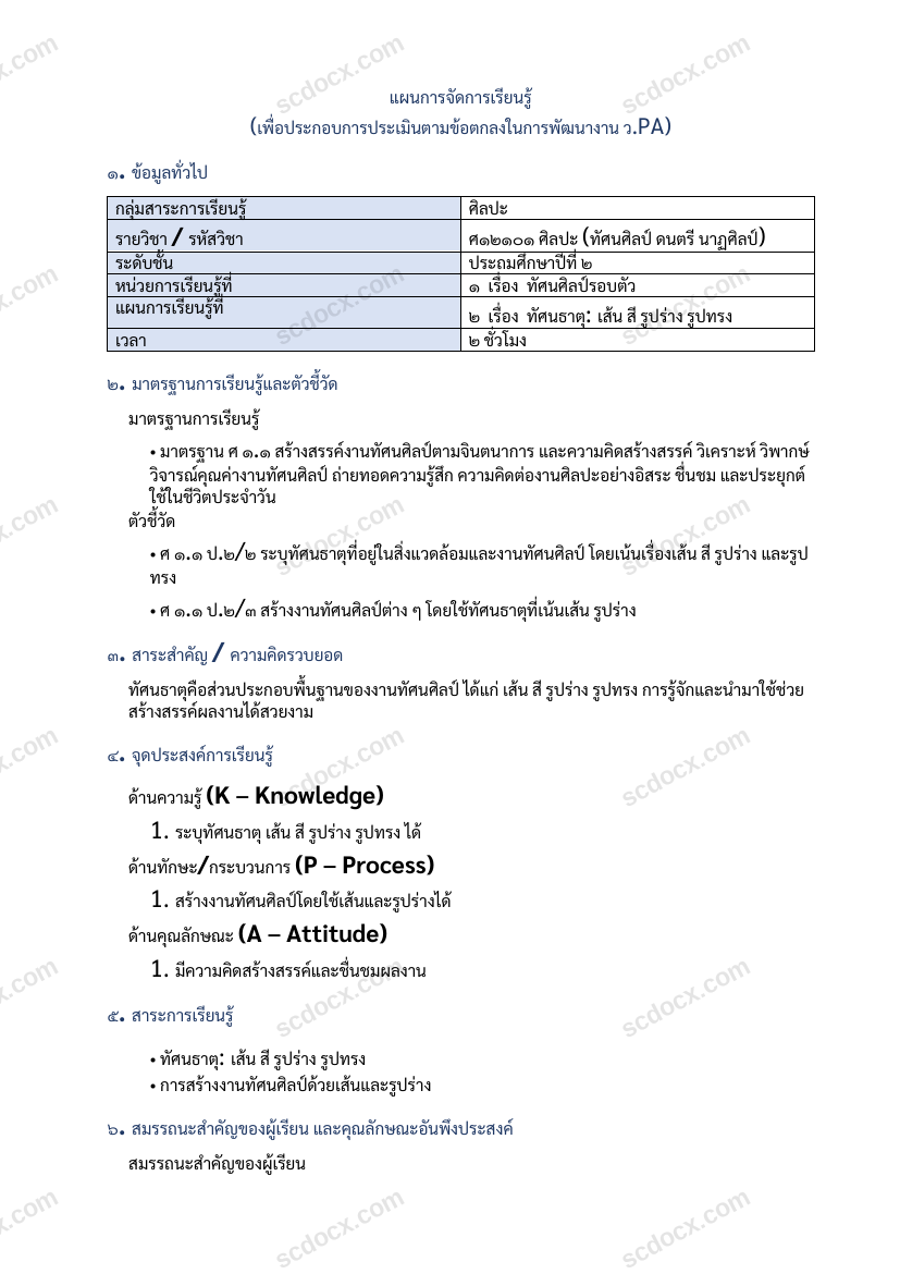 แผนการสอนประกอบการประเมิน ว.PA วิชาศิลปะ แผนที่ 2 เรื่อง ทัศนธาตุ: เส้น สี รูปร่าง รูปทรง ชั้น ป.2