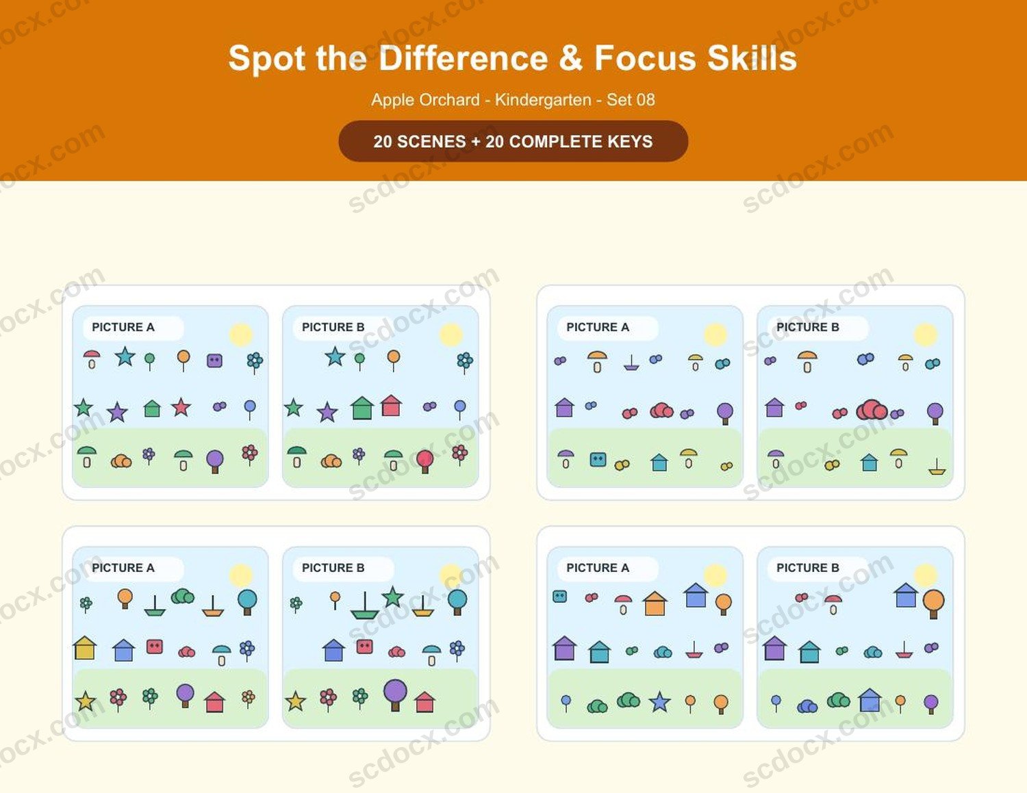 Spot the Difference | Kindergarten | Apple Orchard | 20 Games + Keys | US Letter Landscape