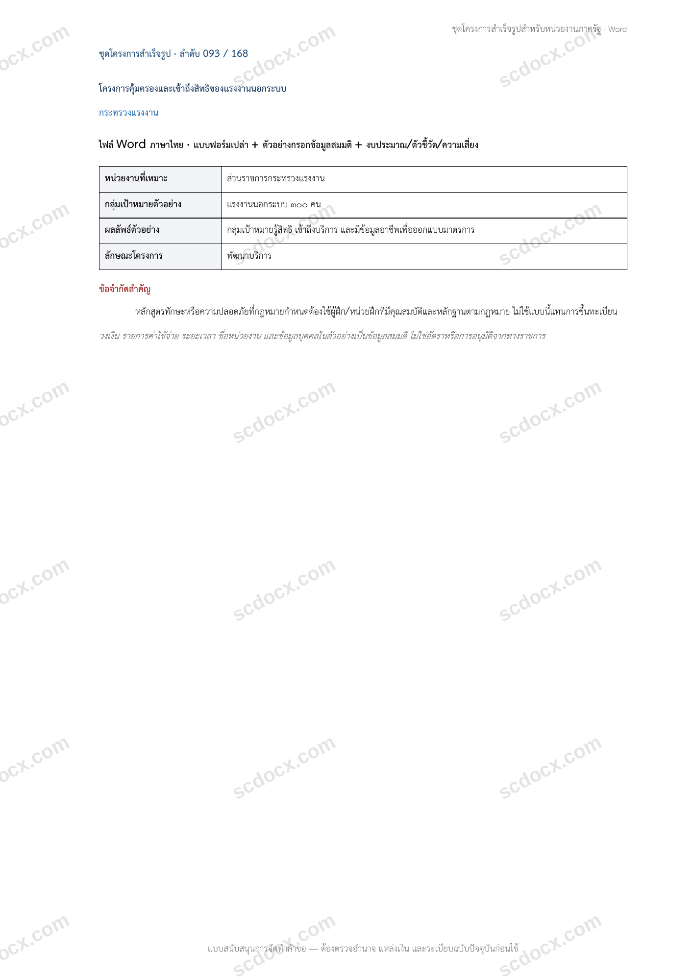 โครงการสำเร็จรูป | โครงการคุ้มครองและเข้าถึงสิทธิของแรงงานนอกระบบ (กระทรวงแรงงาน) Word + ตัวอย่าง