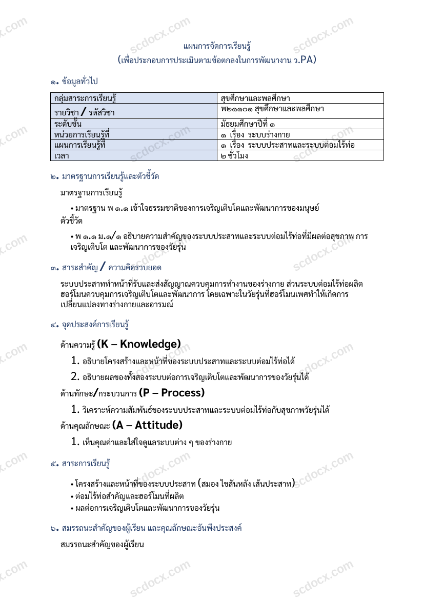 แผนการสอน ว.PA สุขศึกษา แผนที่ 1 ระบบประสาทและระบบต่อมไร้ท่อ ม.1