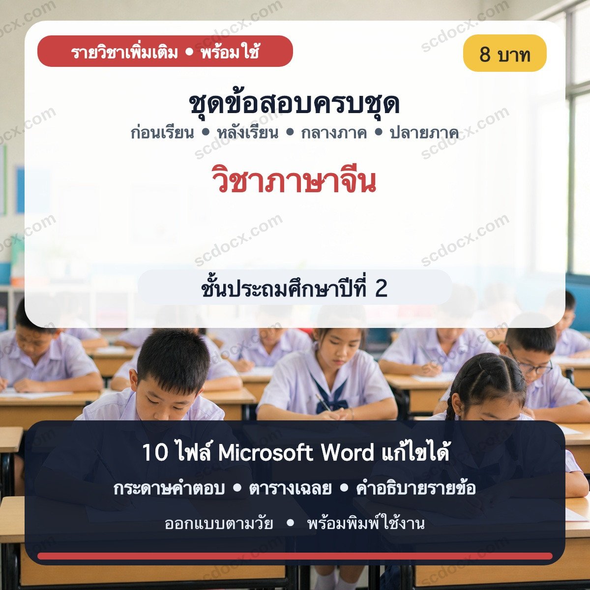ชุดข้อสอบ ป.2 วิชาภาษาจีน | ก่อนเรียน–หลังเรียน–กลางภาค–ปลายภาค | Word แก้ไขได้ พร้อมเฉลย