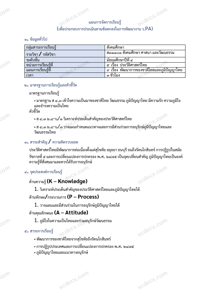 แผนการสอน ว.PA สังคมศึกษา แผนที่ 9 พัฒนาการของชาติไทยและภูมิปัญญาไทย ม.4