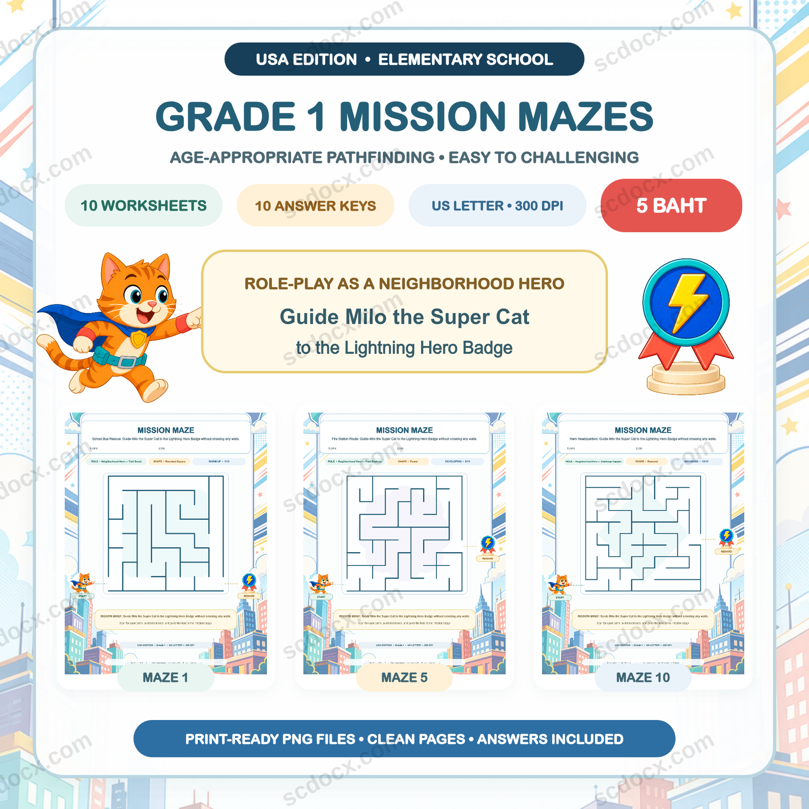 USA Edition Mission Mazes — Grade 1 (10 Worksheets + Answers)