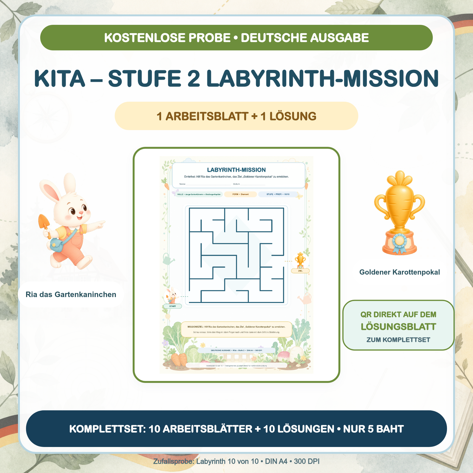 KOSTENLOSE PROBE — Labyrinth-Missionen Deutsch: Kita – Stufe 2 (1 Arbeitsblatt + Lösung)