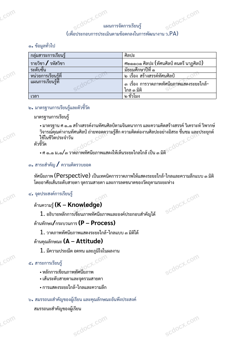 แผนการสอน ว.PA ศิลปะ แผนที่ 3 การวาดภาพทัศนียภาพแสดงระยะใกล้-ไกล ๓ มิติ ม.1