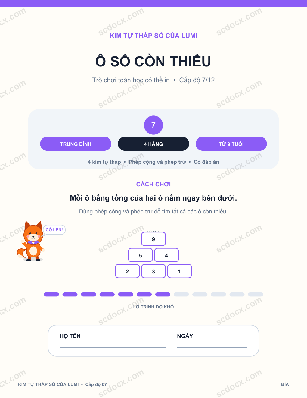 Kim tự tháp số học 07 - Ô số còn thiếu kèm đáp án