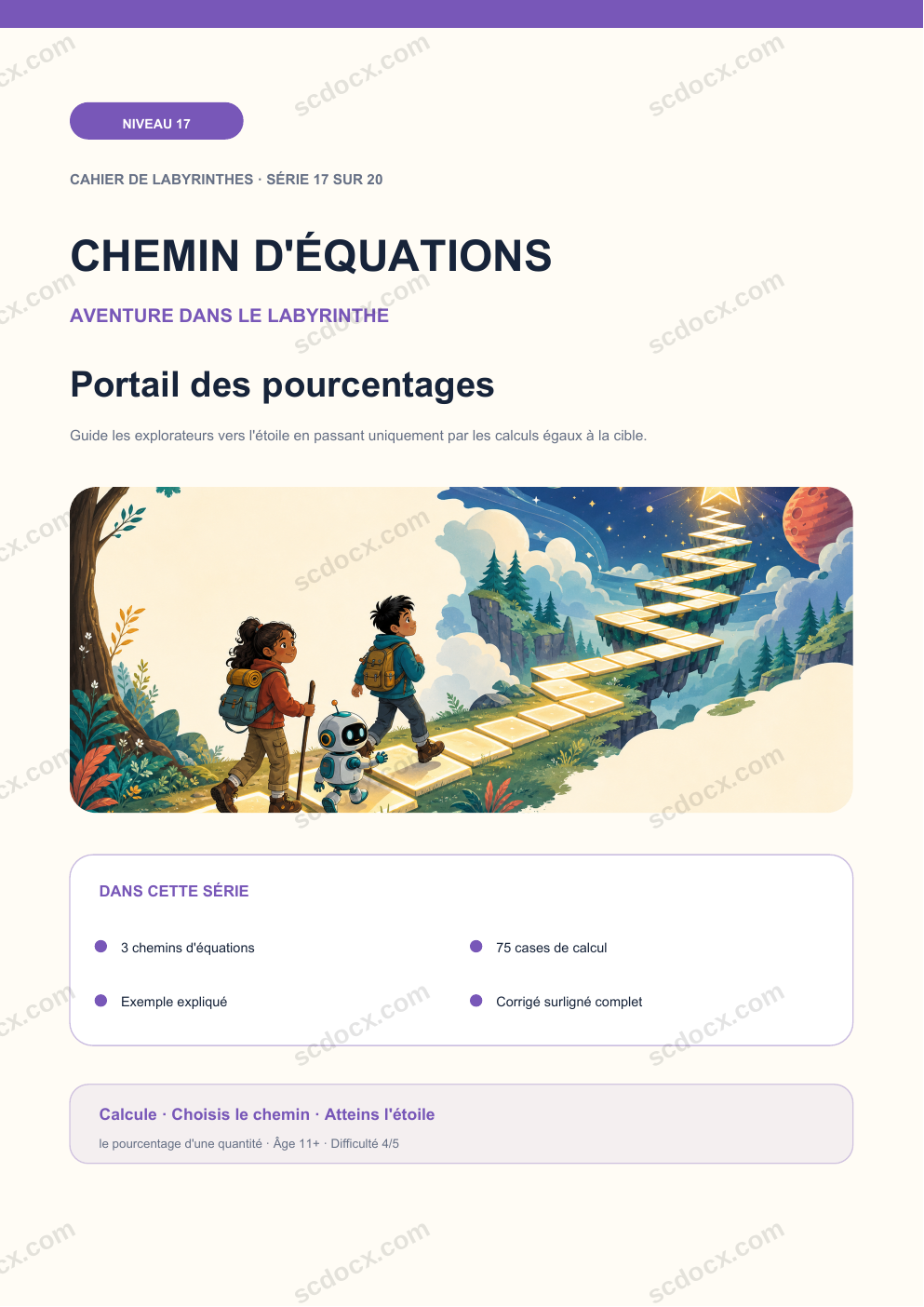 Chemin d'équations Niveau 17 | Portail des pourcentages avec corrigé