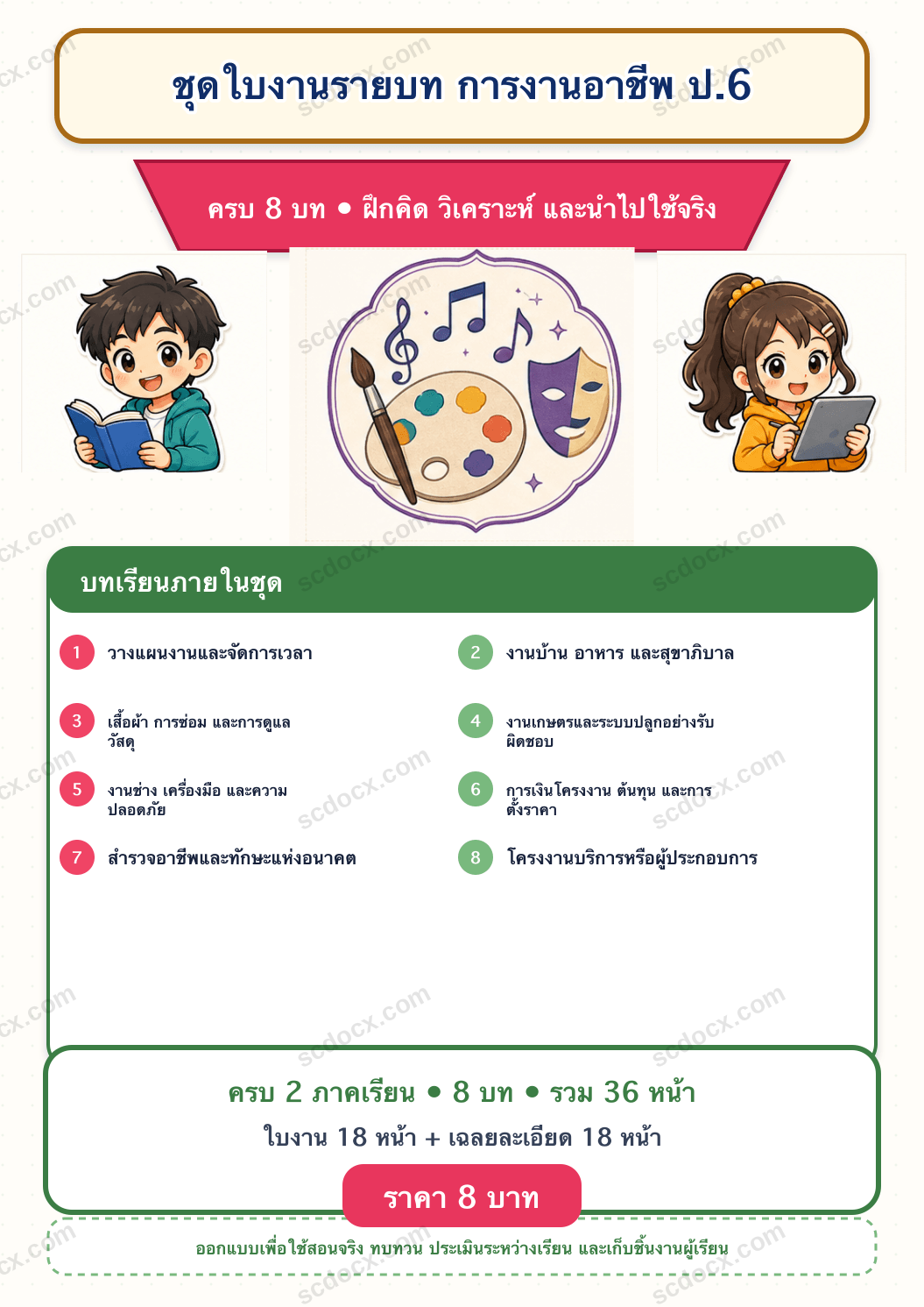 ชุดใบงานและเฉลย การงานอาชีพ ป.6 ครบ 2 เทอม | 8 บท 36 หน้า