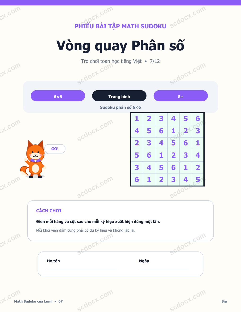 Math Sudoku Tiếng Việt 07 - Vòng quay Phân số có Đáp án
