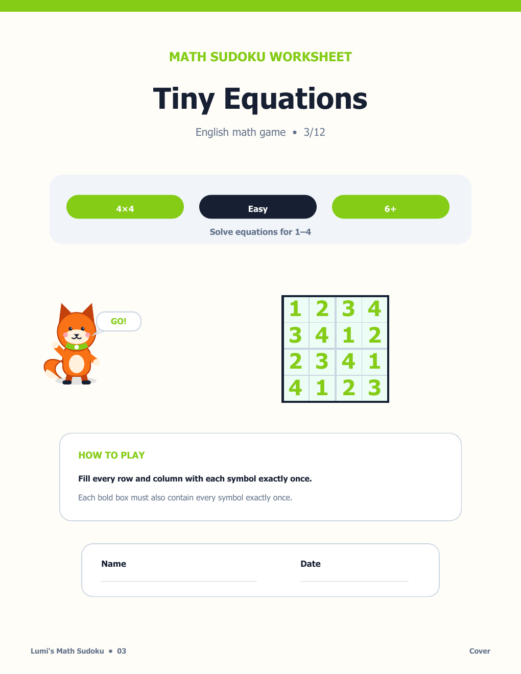 Math Sudoku in English 03 - Tiny Equations with Answer Key (FREE)