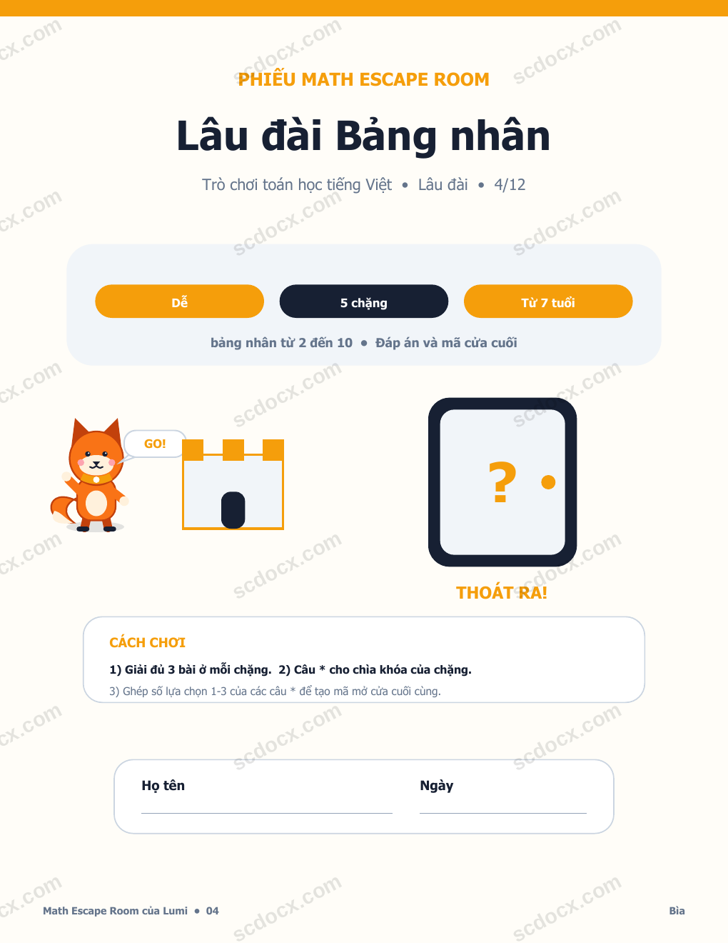 Math Escape Room Tiếng Việt 04 - Lâu đài Bảng nhân có Đáp án