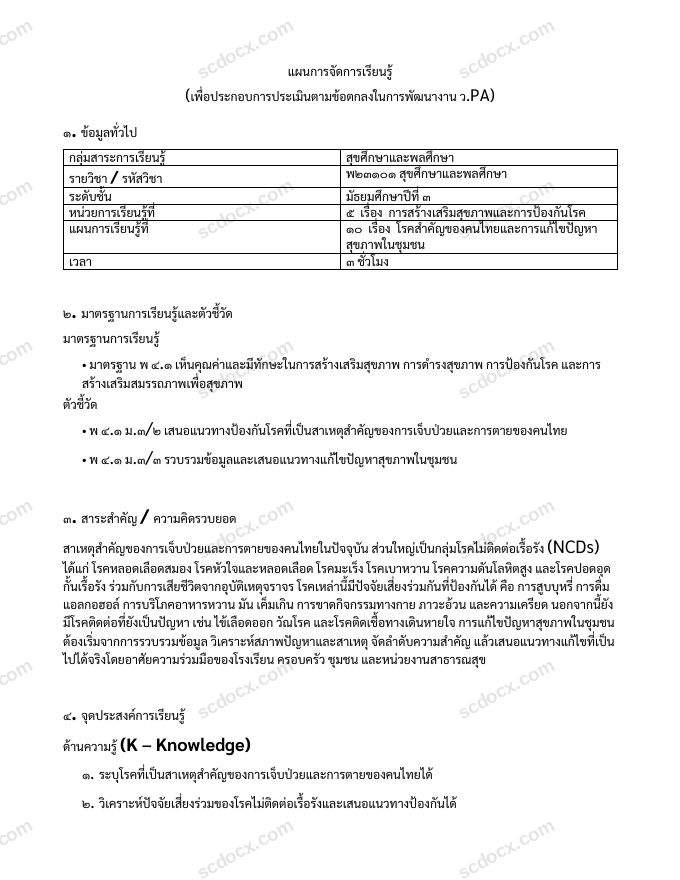 แผนการสอน ว.PA สุขศึกษาและพลศึกษา แผนที่ 10 โรคสำคัญของคนไทยและการแก้ไขปัญหาสุขภาพในชุมชน ม.3