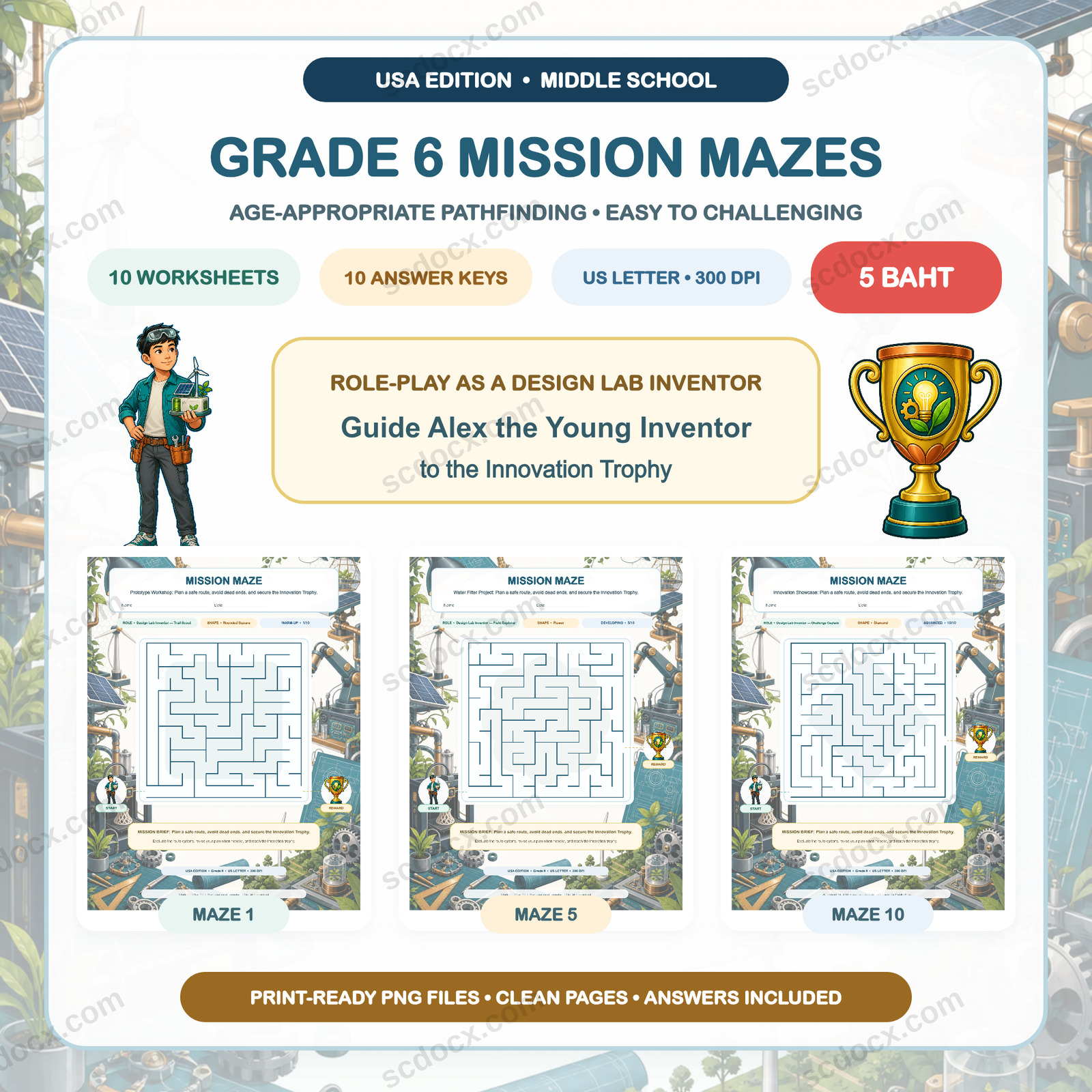 USA Edition Mission Mazes — Grade 6 (10 Worksheets + Answers)