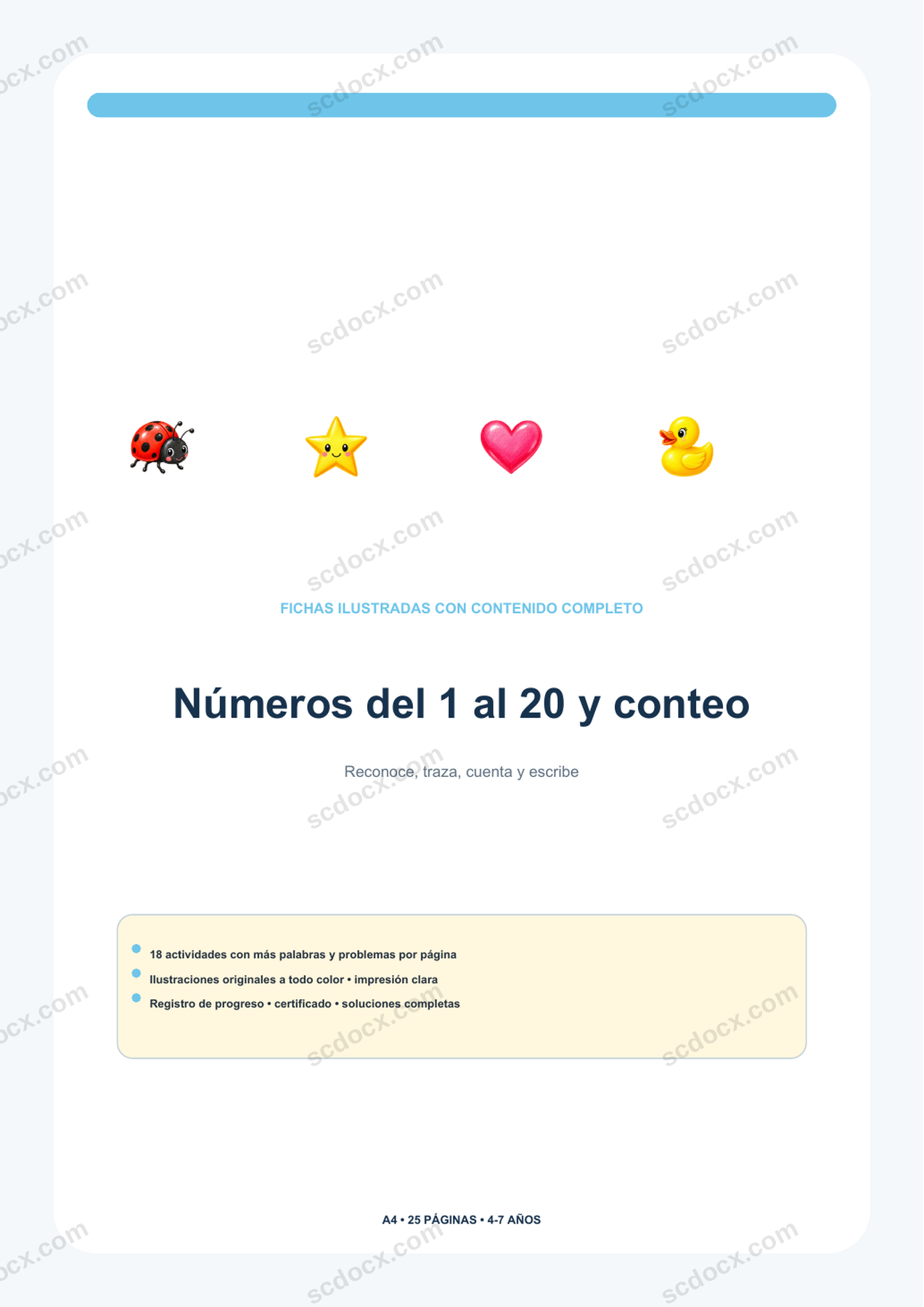 Números 1-20 y conteo | 18 actividades + soluciones | A4