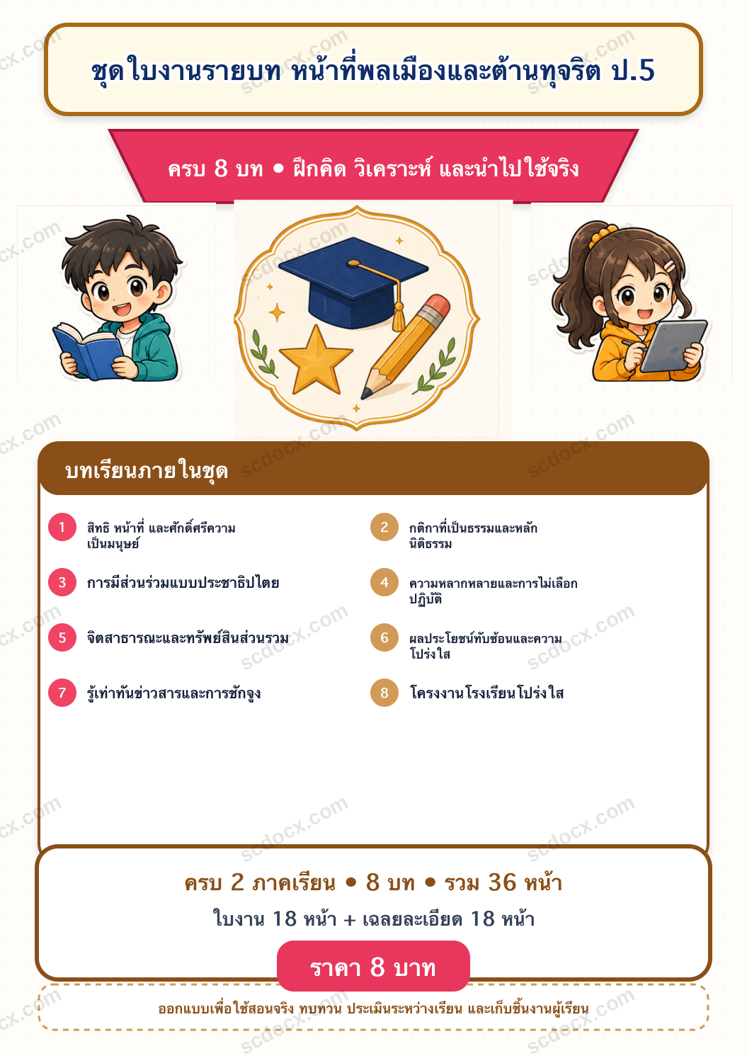 ชุดใบงานและเฉลย หน้าที่พลเมืองและต้านทุจริต ป.5 ครบ 2 เทอม | 8 บท 36 หน้า