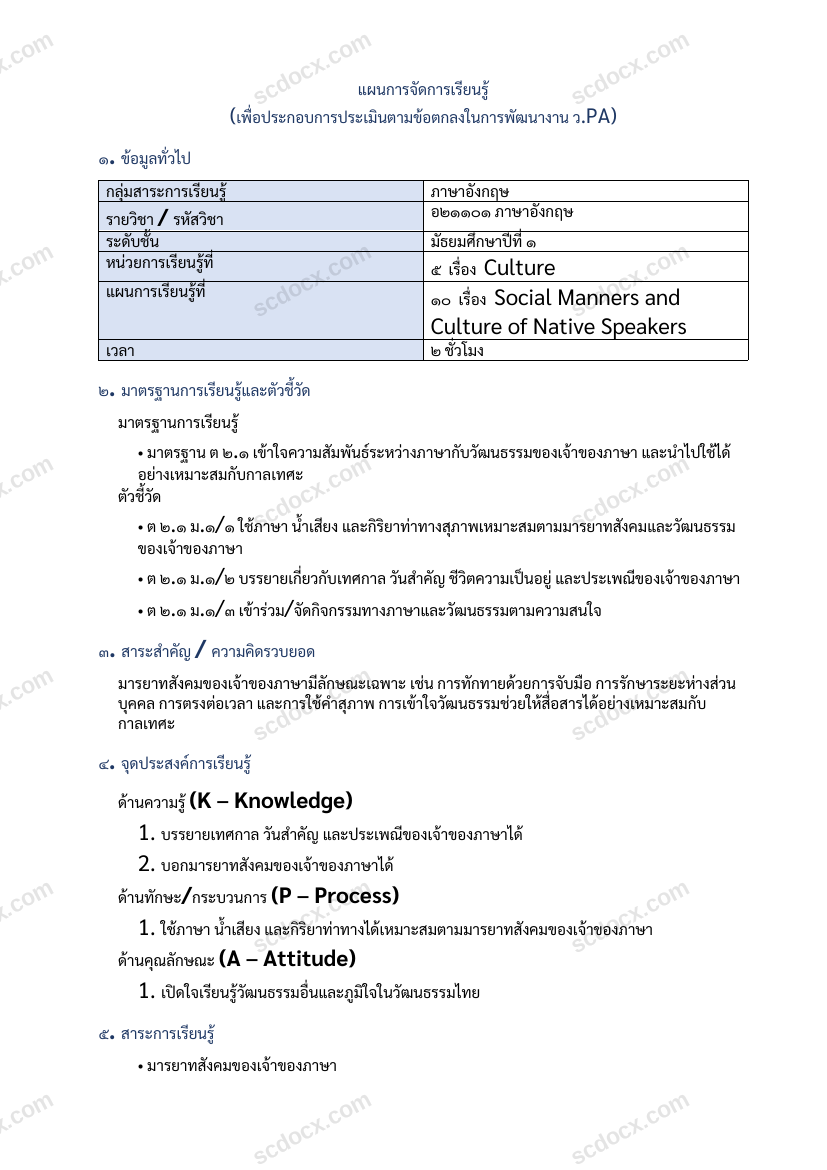 แผนการสอน ว.PA ภาษาอังกฤษ แผนที่ 10 Social Manners and Culture of Native Speakers ม.1