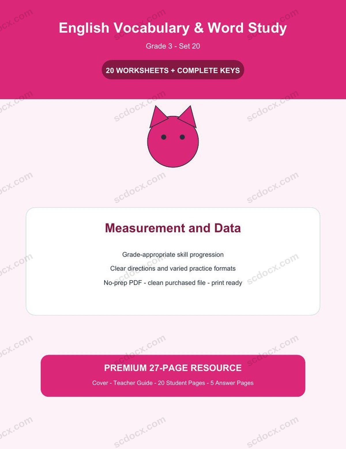 English Vocabulary & Word Study | Grade 3 | Measurement and Data | 20 Worksheets + Answer Keys