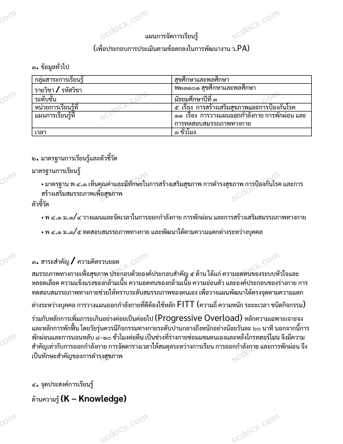แผนการสอน ว.PA สุขศึกษาและพลศึกษา แผนที่ 11 การวางแผนออกกำลังกาย การพักผ่อน และการทดสอบสมรรถภาพทางกาย ม.3