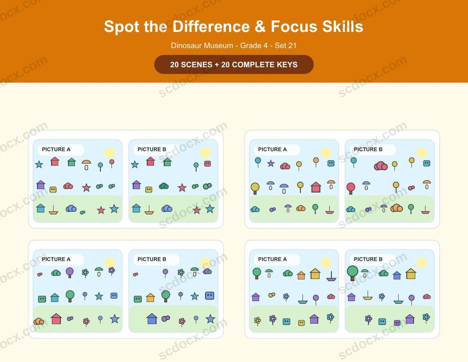 Spot the Difference | Grade 4 | Dinosaur Museum | 20 Games + Keys | US Letter Landscape