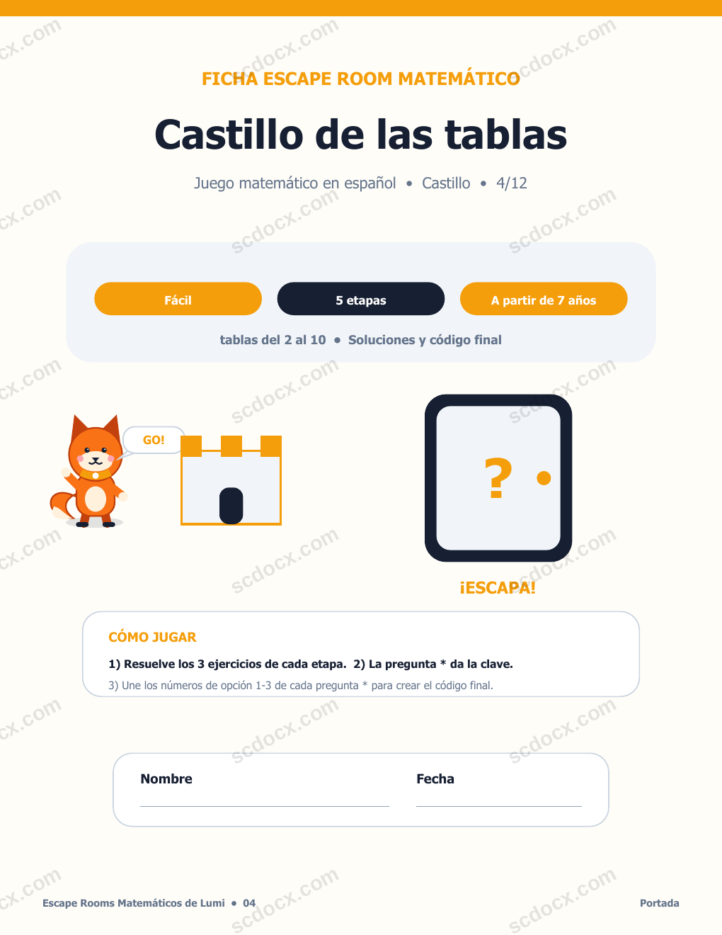 Escape Room Matemático en Español 04 - Castillo de las tablas con soluciones