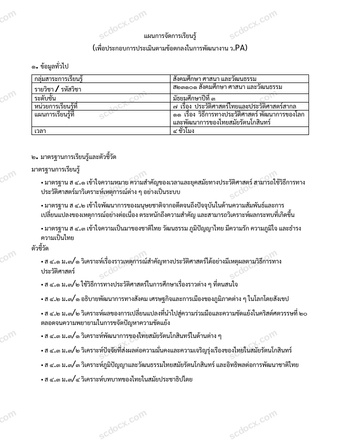 แผนการสอน ว.PA สังคมศึกษา แผนที่ 11 วิธีการทางประวัติศาสตร์ พัฒนาการของโลก และพัฒนาการของไทยสมัยรัตนโกสินทร์ ม.3