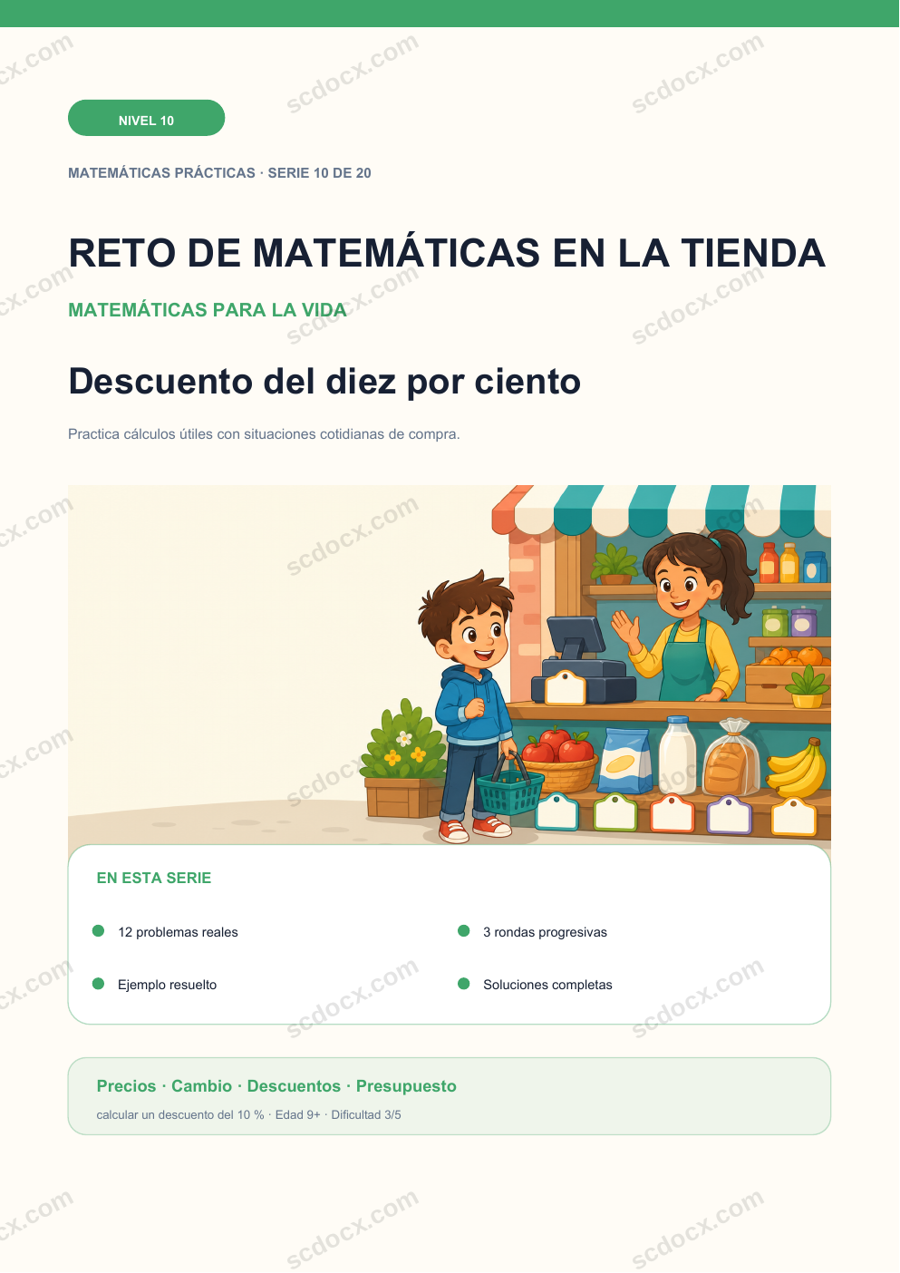 Reto de matemáticas en la tienda Nivel 10 | Descuento del diez por ciento con soluciones