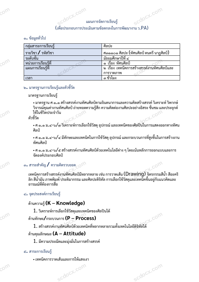 แผนการสอน ว.PA ศิลปะ แผนที่ 2 เทคนิคการสร้างสรรค์งานทัศนศิลป์และการวาดภาพ ม.4