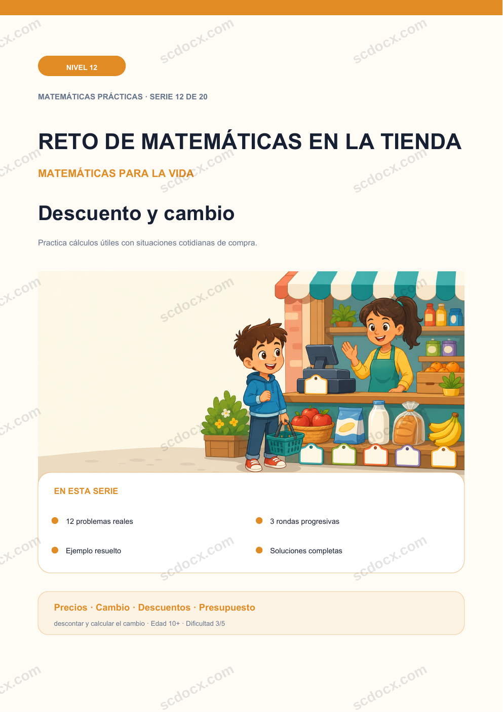 Reto de matemáticas en la tienda Nivel 12 | Descuento y cambio con soluciones