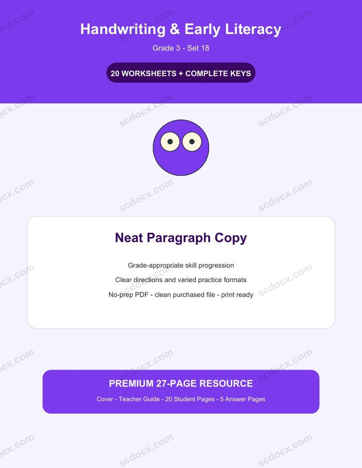 Handwriting & Early Literacy | Grade 3 | Neat Paragraph Copy | 20 Worksheets + Answer Keys