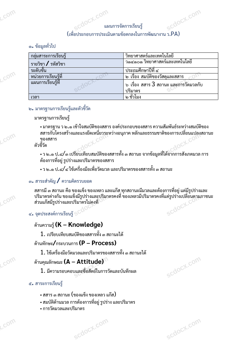แผนการสอนประกอบการประเมิน ว.PA วิชาวิทยาศาสตร์และเทคโนโลยี แผนที่ 6 เรื่อง สสาร 3 สถานะ และการวัดมวลกับปริมาตร ชั้น ป.4