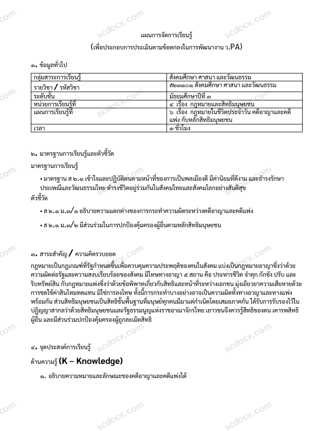 แผนการสอน ว.PA สังคมศึกษา แผนที่ 6 กฎหมายในชีวิตประจำวัน คดีอาญาและคดีแพ่ง กับหลักสิทธิมนุษยชน ม.3