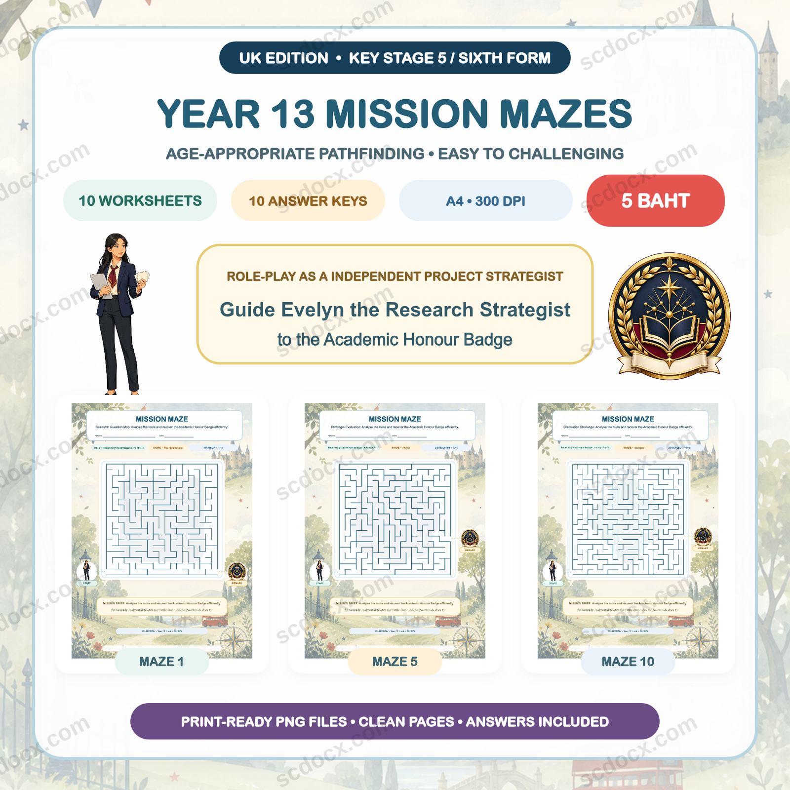 UK Edition Mission Mazes - Year 13 (10 Worksheets + 10 Answer Keys)