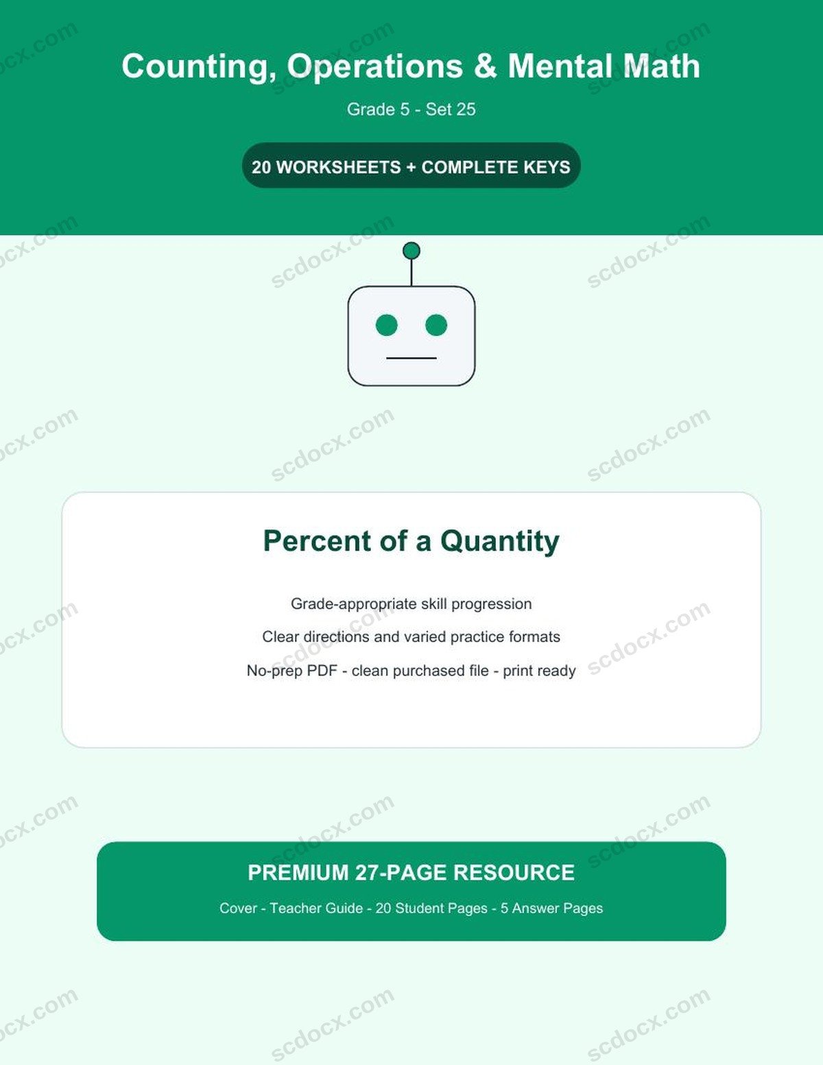 Counting, Operations & Mental Math | Grade 5 | Percent of a Quantity | 20 Worksheets + Answer Keys