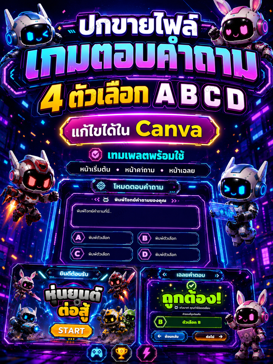 เกมตอบคำถาม PPT ธีมหุ่นยนต์ Cyber Robot 4 ตัวเลือก ABCD | เทมเพลตเกมการศึกษา แก้ไขใน Canva ได้