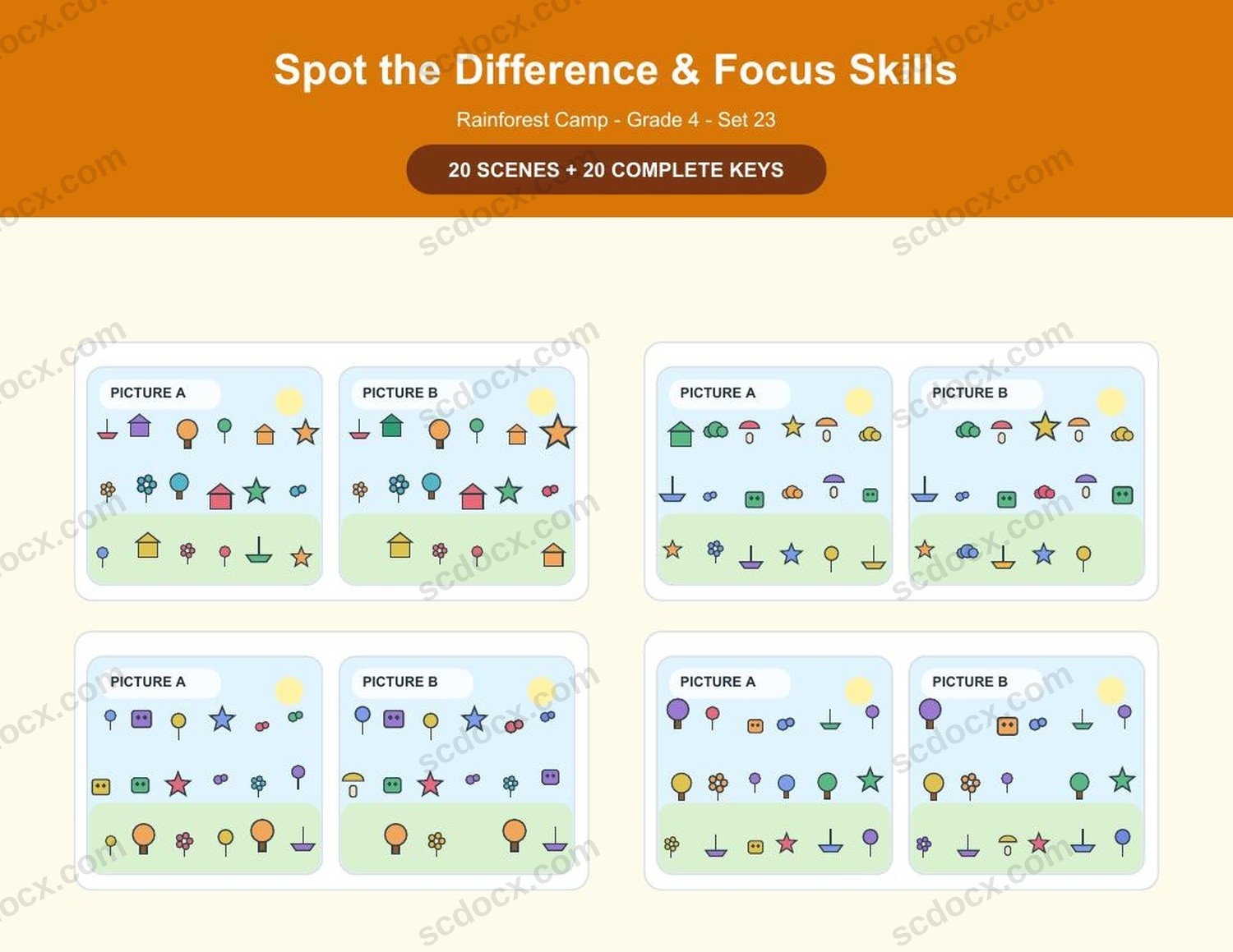 Spot the Difference | Grade 4 | Rainforest Camp | 20 Games + Keys | US Letter Landscape