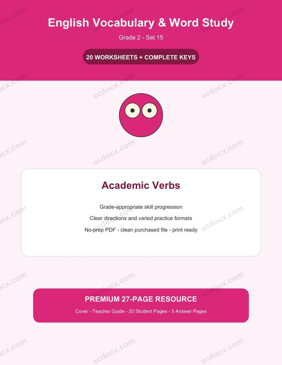 English Vocabulary & Word Study | Grade 2 | Academic Verbs | 20 Worksheets + Answer Keys