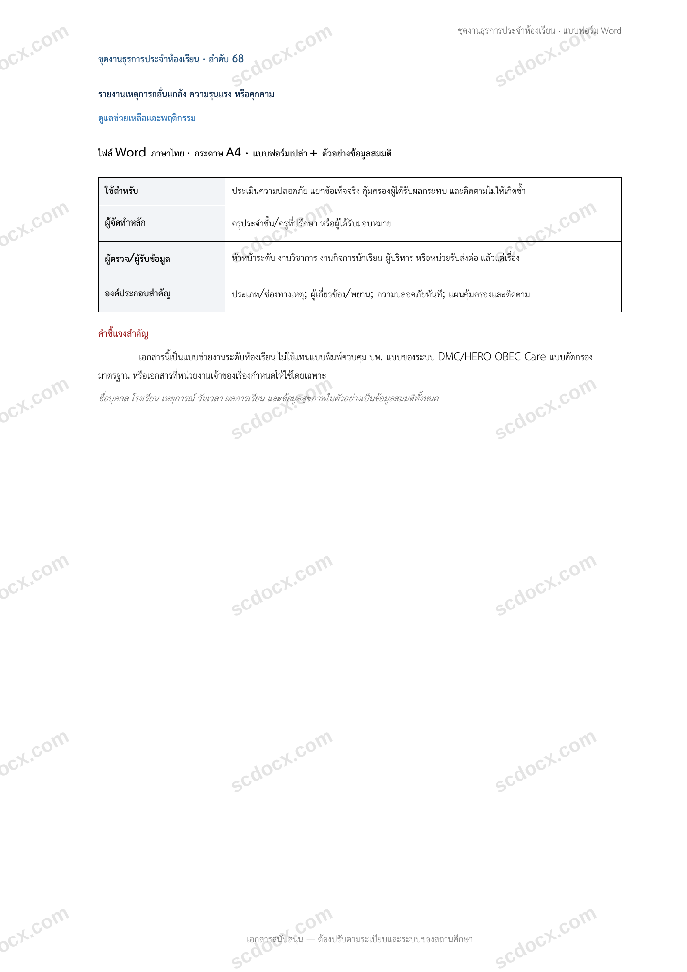 งานธุรการห้องเรียน | รายงานเหตุการกลั่นแกล้ง ความรุนแรง หรือคุกคาม (Word + ตัวอย่าง)
