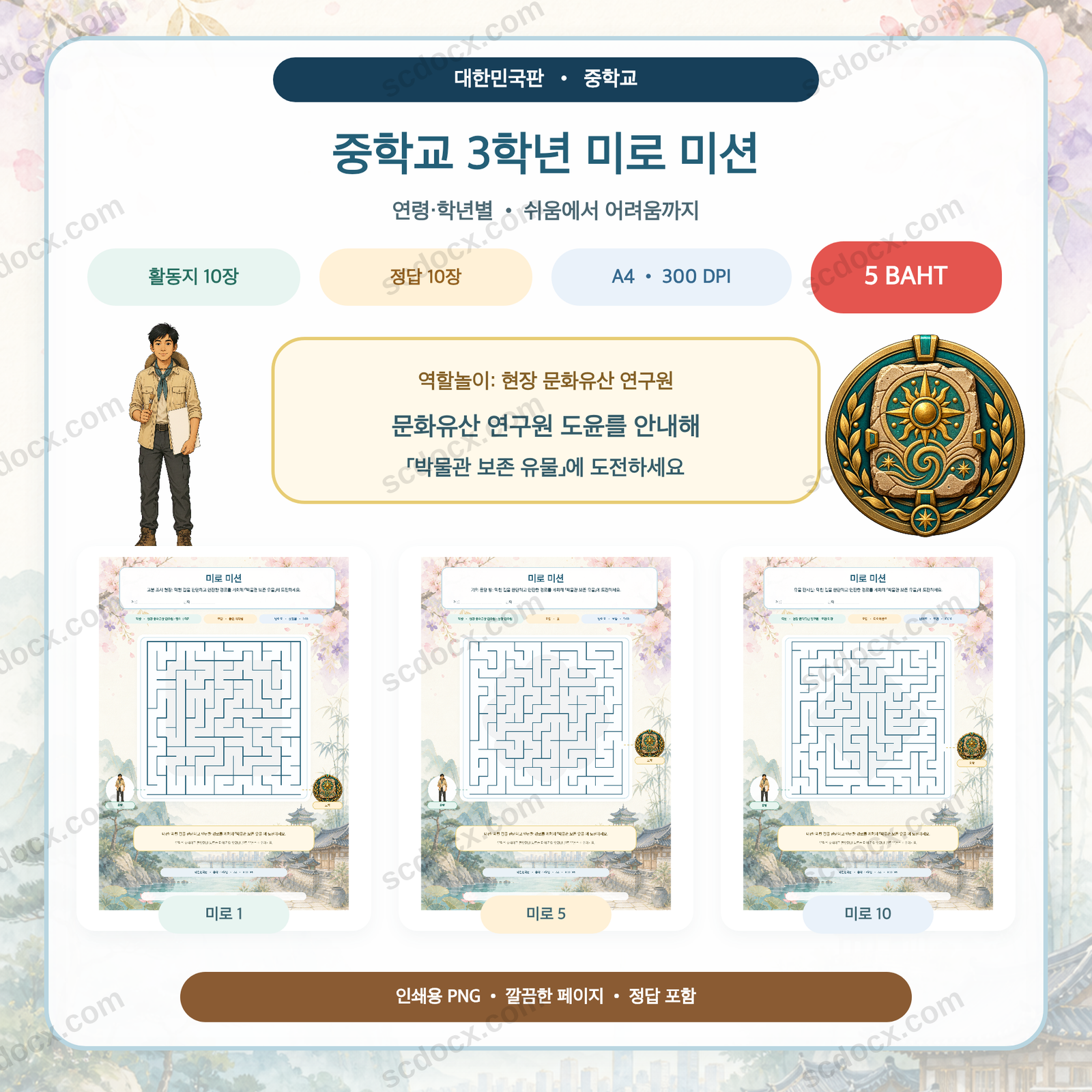 대한민국판 미로 미션 — 중학교 3학년 (활동지 10장 + 정답 10장)