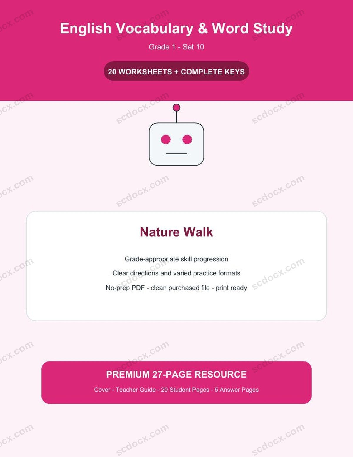 English Vocabulary & Word Study | Grade 1 | Nature Walk | 20 Worksheets + Answer Keys