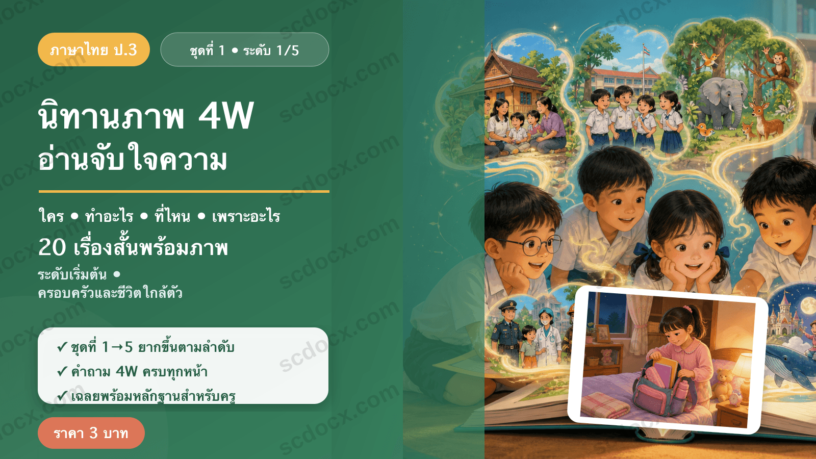 นิทานภาพ 4W อ่านจับใจความ ป.3 ชุดที่ 1 (ระดับเริ่มต้น) — ครอบครัวและชีวิตใกล้ตัว 20 เรื่อง พร้อมเฉลย