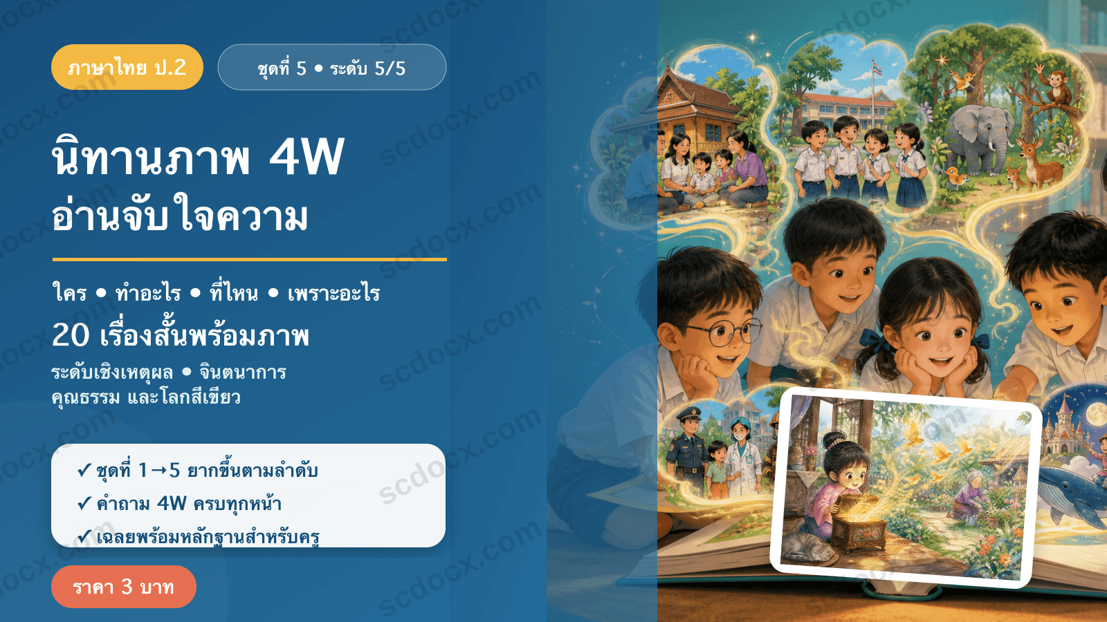 นิทานภาพ 4W อ่านจับใจความ ป.2 ชุดที่ 5 (ระดับเชิงเหตุผล) — จินตนาการ คุณธรรม และโลกสีเขียว 20 เรื่อง พร้อมเฉลย