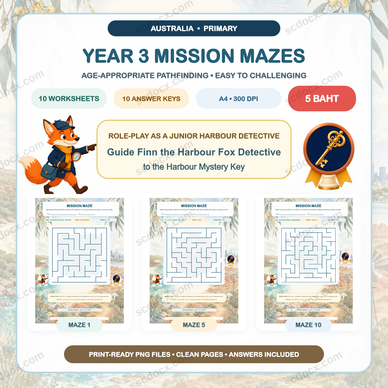 Australia Edition Mission Mazes - Year 3 (10 Worksheets + 10 Answer Keys)