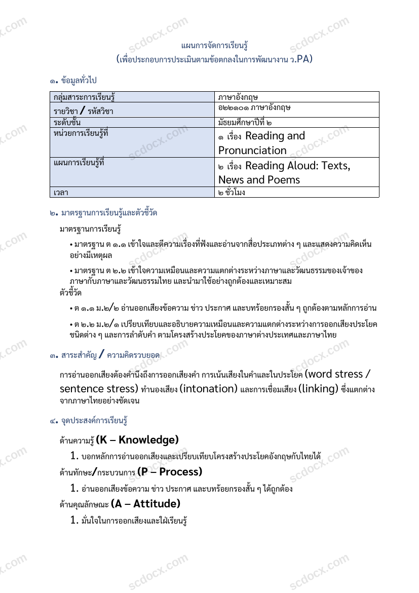 แผนการสอน ว.PA ภาษาอังกฤษ แผนที่ 2 Reading Aloud: Texts, News and Poems ม.2