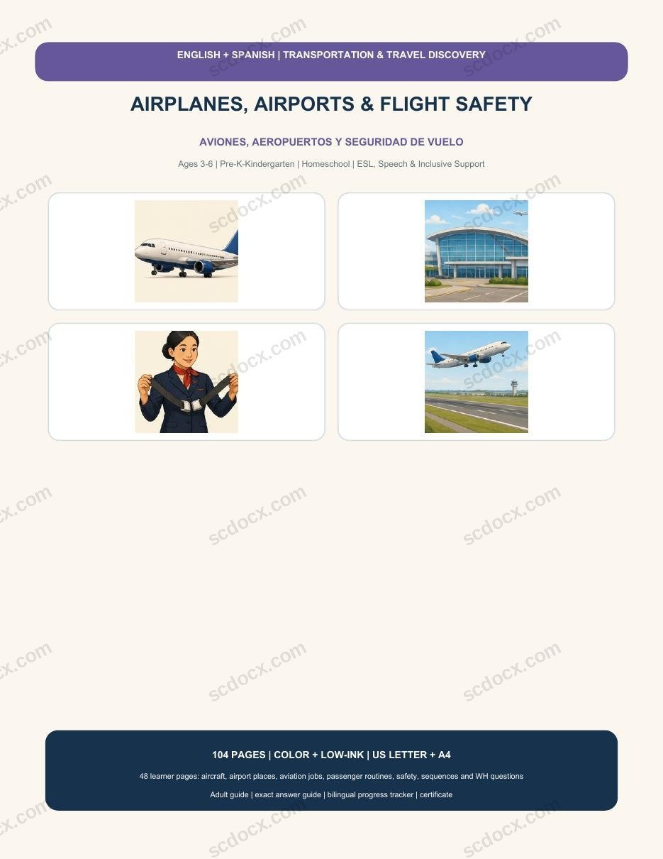 Bilingual Airplanes, Airports & Flight Safety | English-Spanish | 208 Printable Pages
