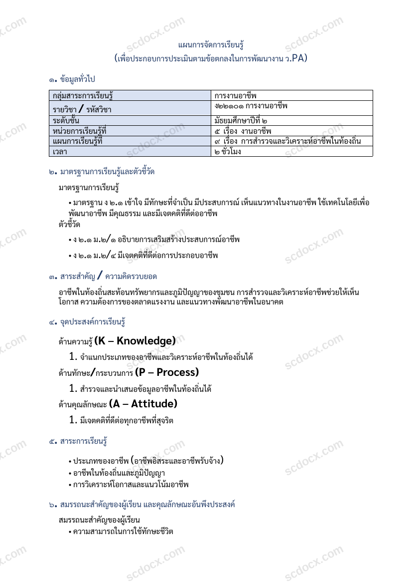 แผนการสอน ว.PA การงานอาชีพ แผนที่ 9 การสำรวจและวิเคราะห์อาชีพในท้องถิ่น ม.2
