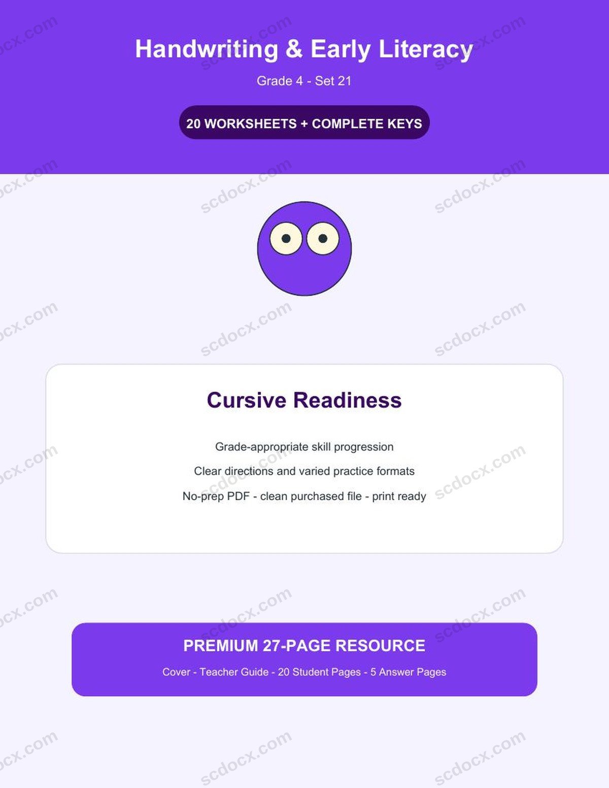 Handwriting & Early Literacy | Grade 4 | Cursive Readiness | 20 Worksheets + Answer Keys