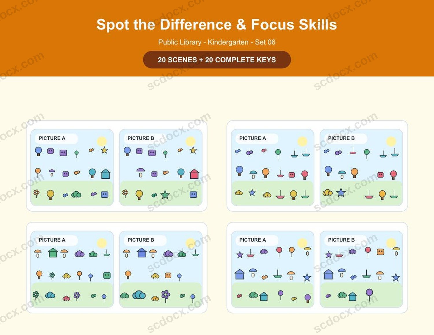 Spot the Difference | Kindergarten | Public Library | 20 Games + Keys | US Letter Landscape