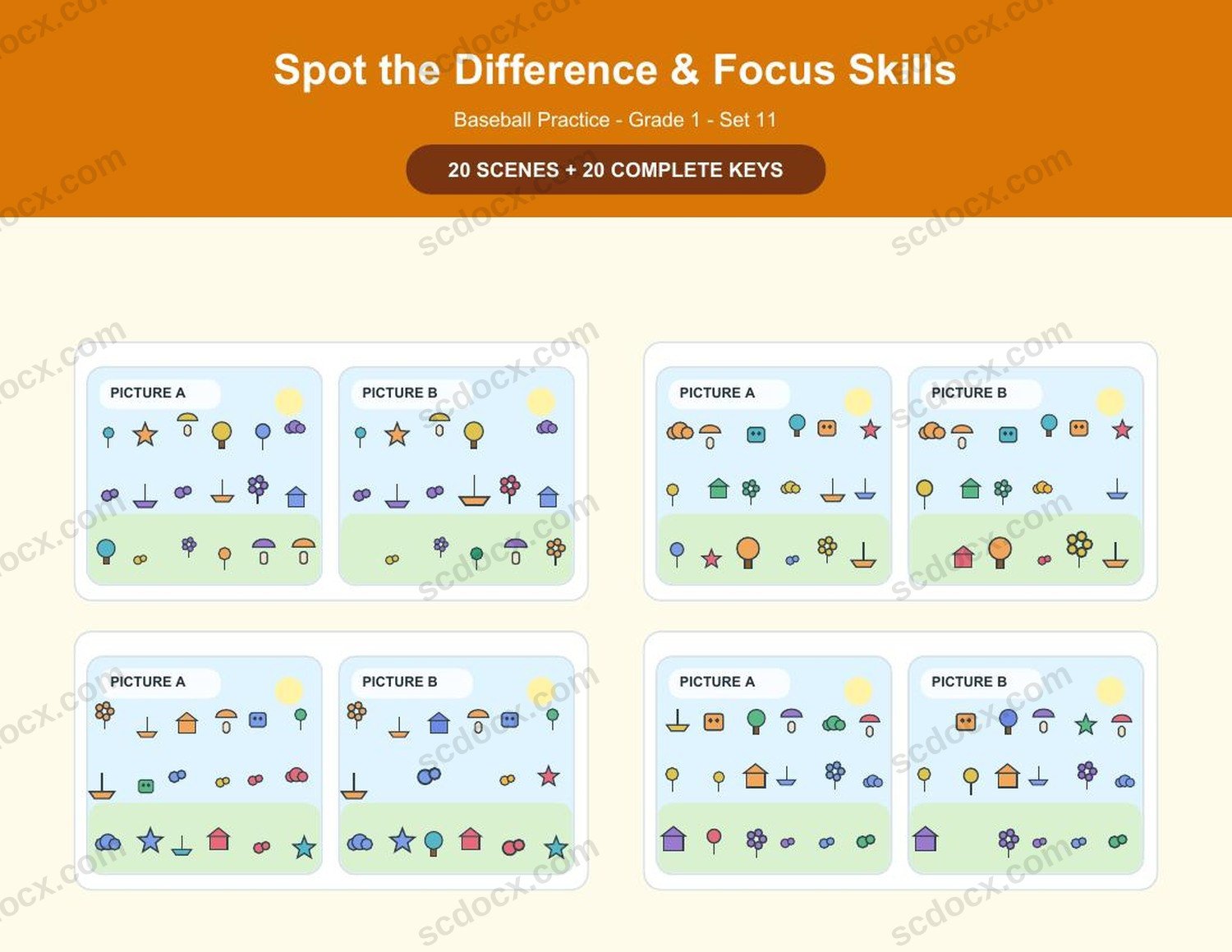 Spot the Difference | Grade 1 | Baseball Practice | 20 Games + Keys | US Letter Landscape