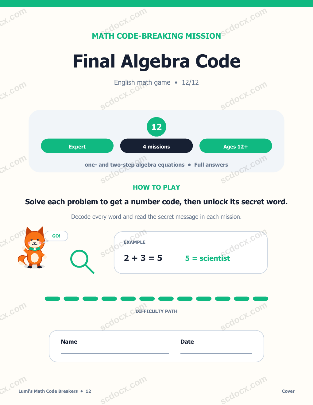 Math Code Breaker in English 12 - Final Algebra Code with Answers