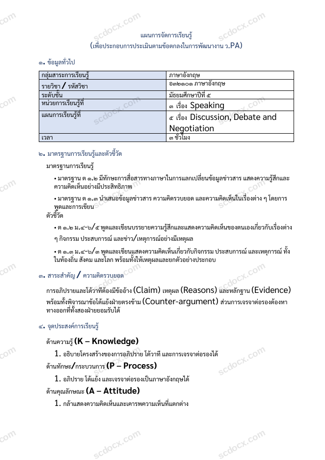 แผนการสอน ว.PA ภาษาอังกฤษ แผนที่ 5 Discussion, Debate and Negotiation ม.5